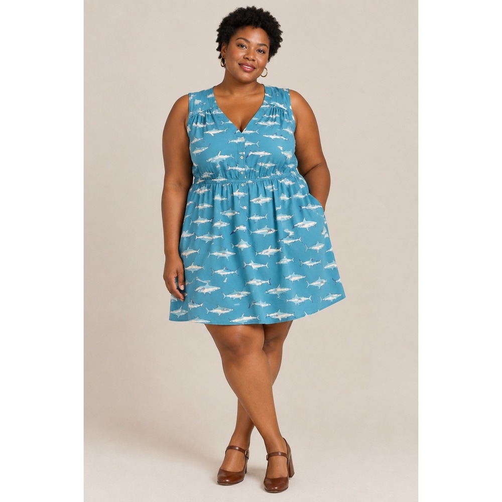 NWT ModCloth Mini Shark Dress Sz 3X Blue Sleeveless Retro Art Science Teacher